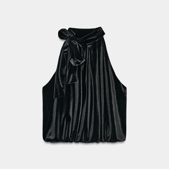 Zara Tops - ZARA Velvet bow balloon top - Elegant Black Velvet Halter Top